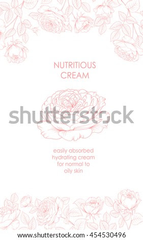 Card of white facial cream, fresh lavender flowers. Sweet floral aroma for skin care. Organic cosmetic. Flower garland and invitation card. Vector illustration.