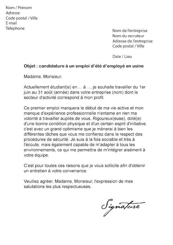 Lettre de motivation Job d'été Usine - Modèle de Lettre