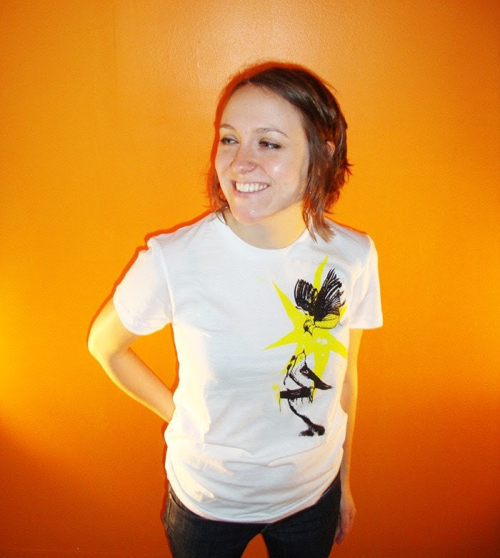 White Tshirt with hand screenprinted Birds and Exploding Star