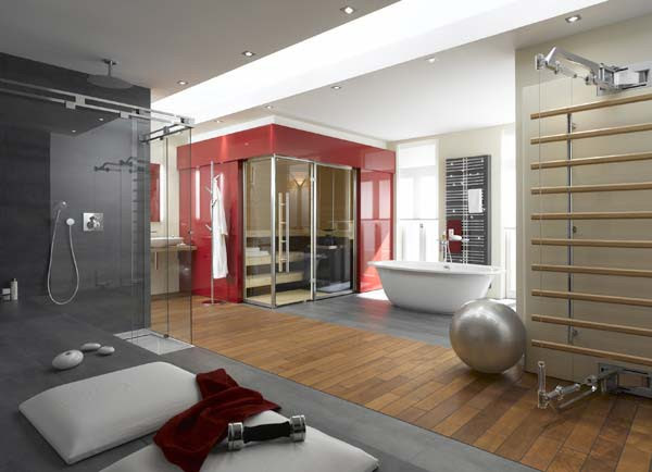 Modern design large bathroom with wood cabinets