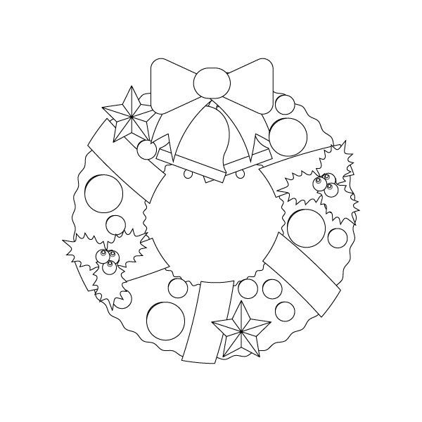 塗り絵に最適な白黒でかわいいクリスマスリース3の無料イラスト 商用フリー オイデ43