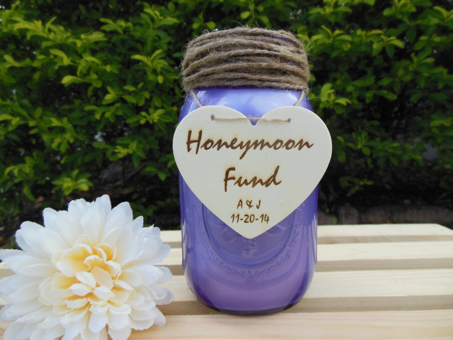 Wedding Mason Jar, Centerpiece Jars, Rustic, Shabby Chic, Bridal Shower, - Honeymoon Fund Jar- Personalized Wedding Gift- purple wedding