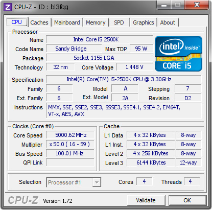 Intel Core I5 2500k 5000 62 Mhz Cpu Z Validator