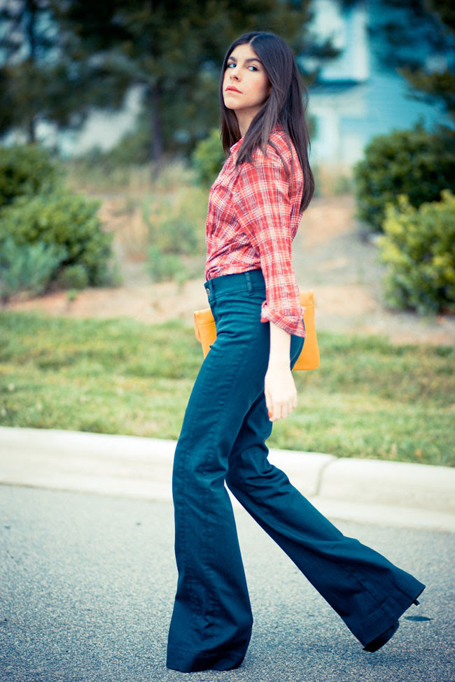 Bell Bottom Jeans, Wide Leg Jeans, Flare Jeans, Red Plaid Shirt, Asos Yellow clutch, Fashion