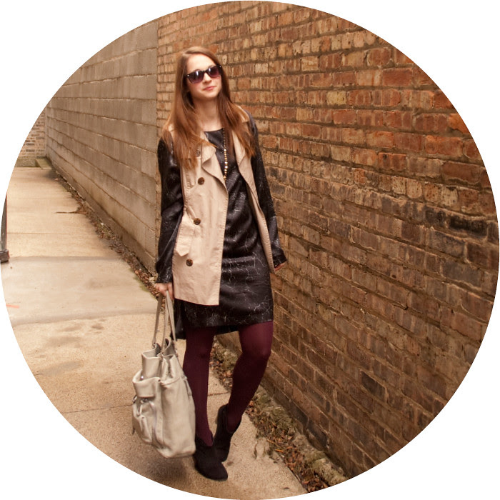 dash dot dotty, trench vest, theory silk dress, crackled leather print, layered dress, work outfit, creative young professional, purple tights, simply vera wang, winter ootd, what to wear to work, outfitzzz, black and tan