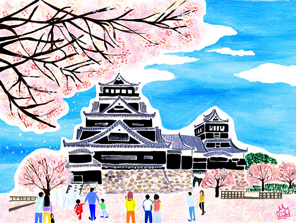 ４７pr地方発いいもの発見プロジェクトwebサイト 47エッセイコラムーno 7 熊本県 熊本城 春 風景イラスト 景色イラスト 桜イラスト 城 イラスト 本山浩子のイラストファイル News