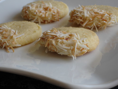 Toasted coconut shortbread with white chocolate icing