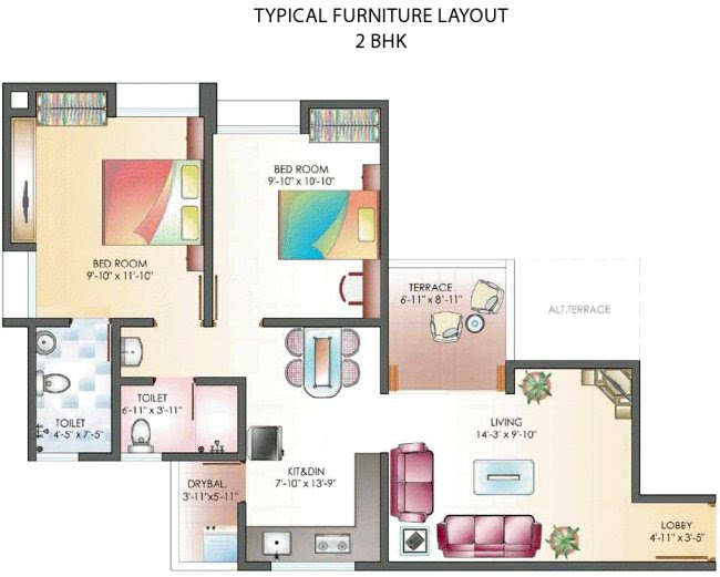 A 2 BHK Flat - 614 sq.ft. Carpet + 63 sq.ft. Terrace for Rs. 31.68 Lakhs - All Inclusive Property Price - at Dreams Wisteria, 1 BHK & 2 BHK Flats at Pisoli, Pune 411 028