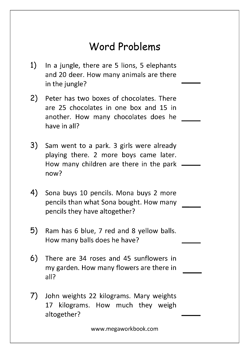 Addition And Subtraction Word Problems Grade 1 Worksheets ...