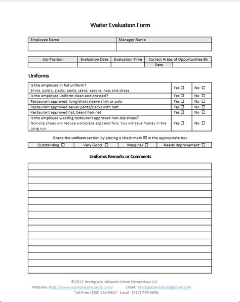 Waiter Evaluation Form – Workplace Wizards Restaurant