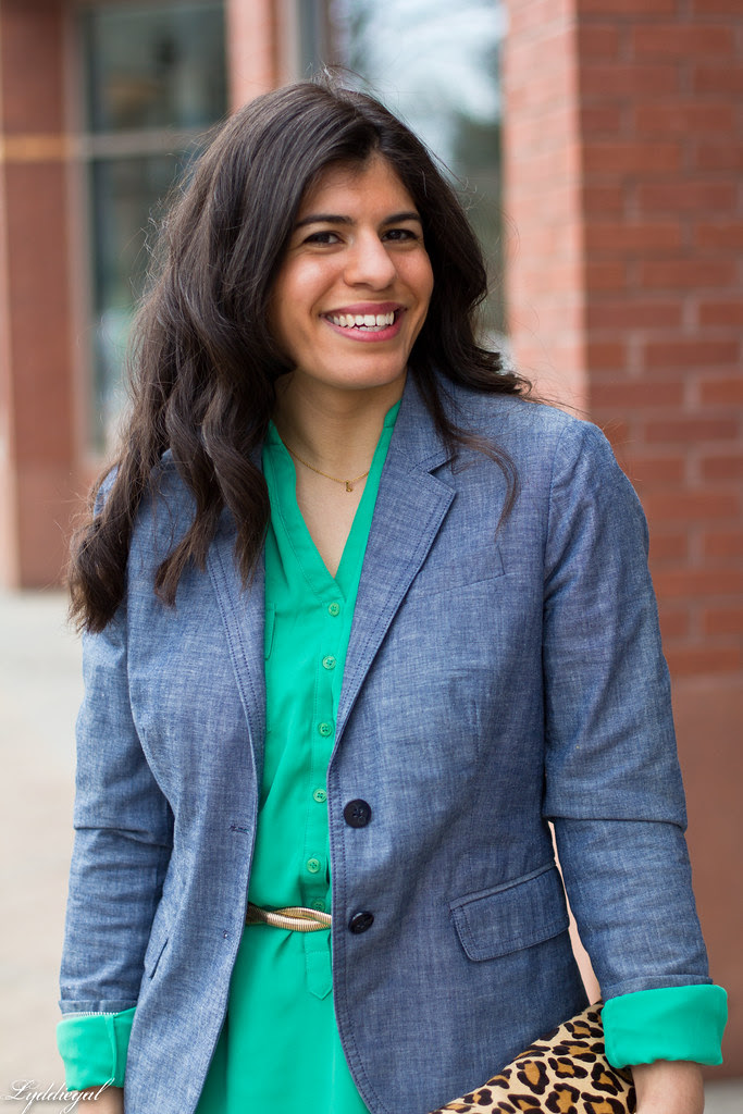 Emerald Dress, Chambray Blazer, Leopard.jpg