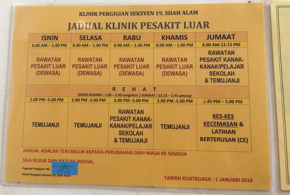 Klinik Kesihatan Waktu Operasi  Termasuk waktu operasi bagi pusat