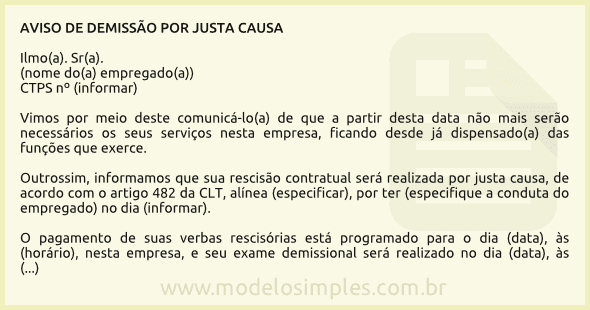 Modelo de Aviso de Demissão por Justa Causa
