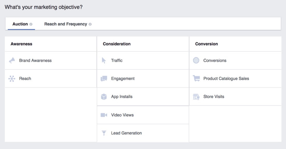 Facebook auction advertising options