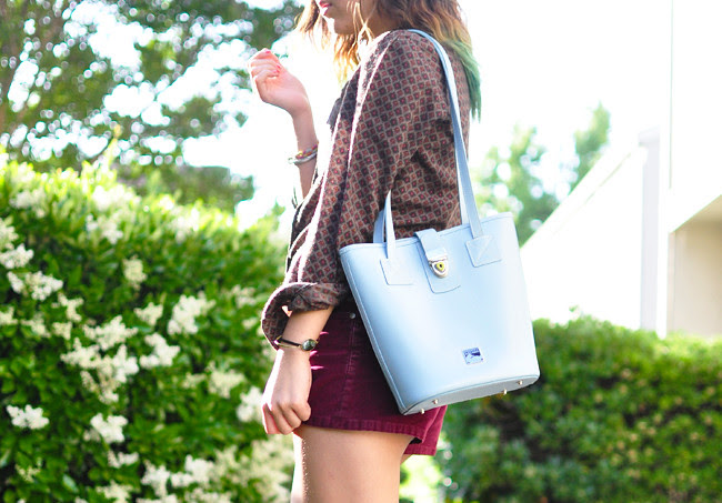 thrifted 70s print blouse, burgundy corduroy shorts {Urban Outfitters}, brown bootie {Urban Outfitters}, gifted Dooney & Burke bucket bag