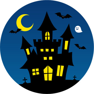 無料素材 コウモリやゴーストが飛び交うお化け屋敷を描いたイラスト ハロウィンのデザインに