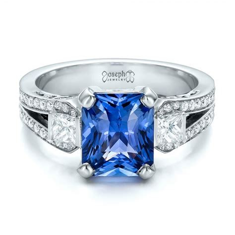 Crafted in luxe and sleek platinum, . Custom Blue Sapphire and Diamond Engagement Ring #100703