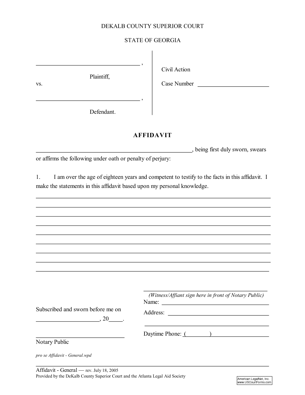 General Affidavit Form - Free Printable Documents