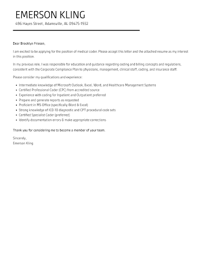 Medical Coding Cover Letter Examples