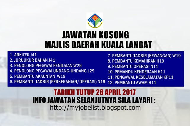 Jawatan Kosong di Majlis Daerah Kuala Langat (MDKL) - 28 April 2017