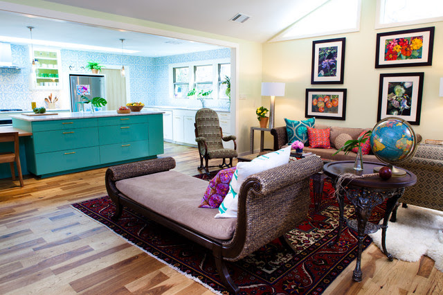 Living room with Turquoise Cabinet