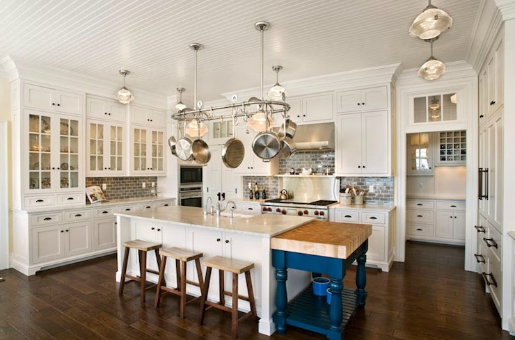 Mitch Wise Design - kitchens - beadboard, ceiling, floor to ceiling, white, kitchen cabinets, marble, countertops, farmhouse, sink, kitchen island, cobalt, blue, drop-down, kitchen island, butcher block, top, sawhorse, stools, blue, glass, subway tiles, backsplash, schoolhouse, pendants, beadboard ceiling, white beadboard ceiling, kitchen beadboard, kitchen beadboard ceiling, beadboard kitchen ceiling, beadboard ceiling kitchen, white beadboard kitchen,