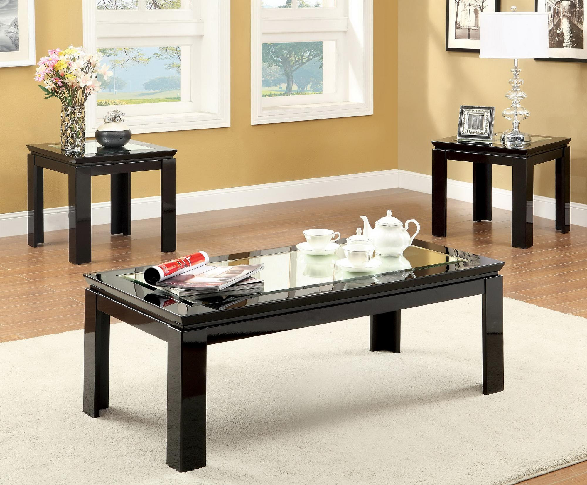 Carna Glass Top 3-Piece Black Coffee Table Set