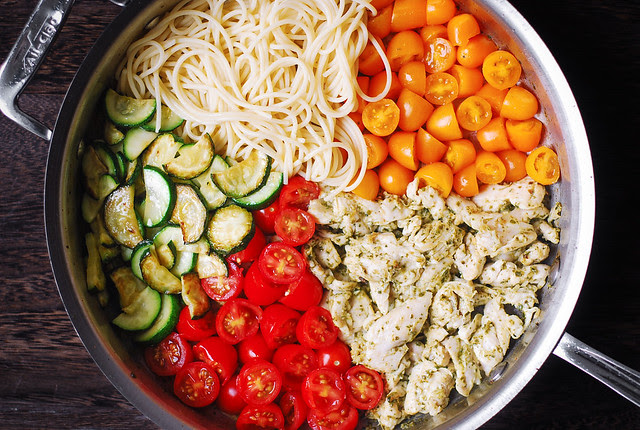 best summer chicken pasta, best autumn chicken pasta, pesto chicken pasta with zucchini, tomatoes, easy chicken pasta, healthy chicken pasta, chicken veggie pasta