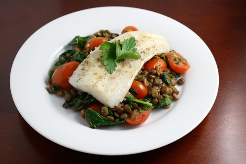 Halibut over Herbed Lentils with Spinach and Tomatoes