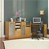 IMAGE OF Bush Furniture Vantage Corner Home Office Computer Desk and Cabinet Set in Light Dragonwood Finish