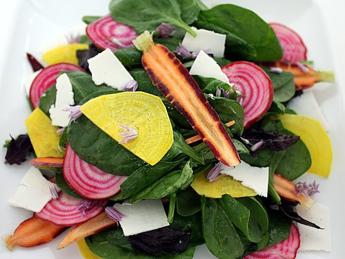 spinach salad, shaved carrots, shaved beets, ricotta salata