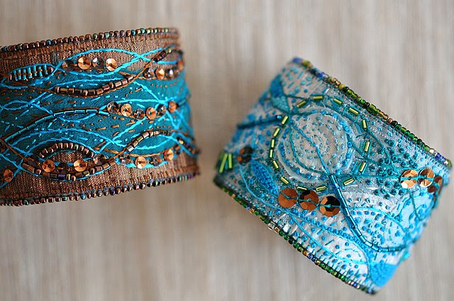 pair of fiber art bracelets