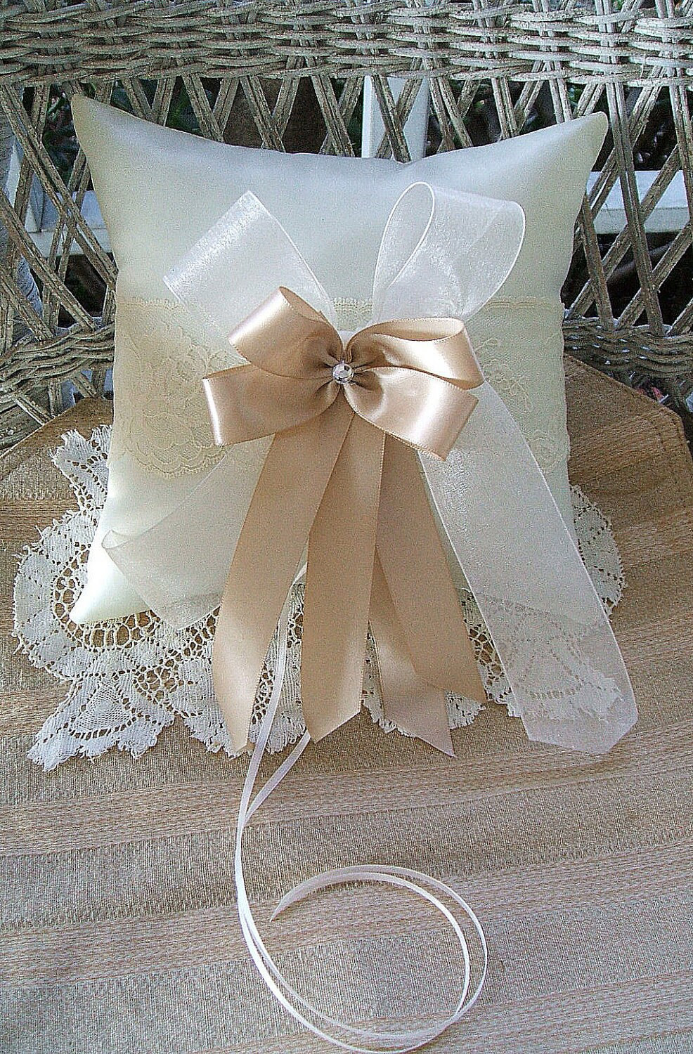 Wedding Ring Bearer Pillow in Ivory & Champagne Handmade "RAPSODY"