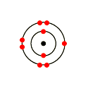 Structure of a fluorine atom. A black dot represents the nucleus. The small circle around this has two red dots on it, representing the first energy level with two electrons. A larger outer circle has seven red dots on it, representing the second energy level with seven electrons