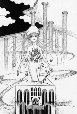 ペン画 イラスト 壊れた彫像 少女 彫刻 石像 神殿 モニュメント 石柱