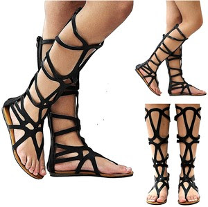 ... Women-WOn4-Black-Thong-Cutout-Gladiator-Knee-High-Sandals-sz-5-5-to-11