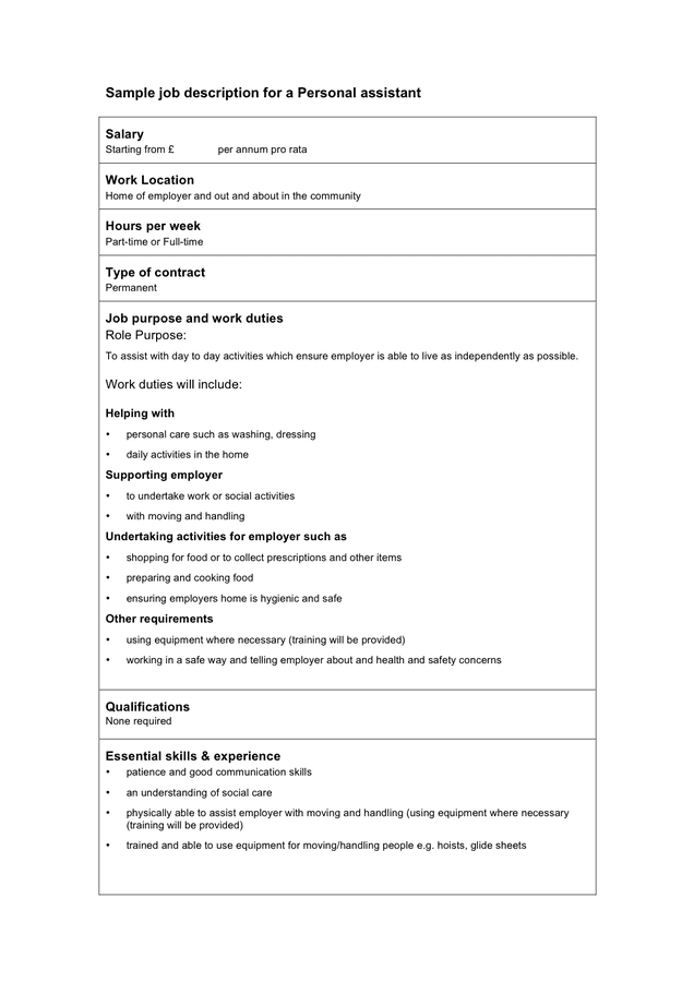 Sample job description for a personal assistant (GB) in ...