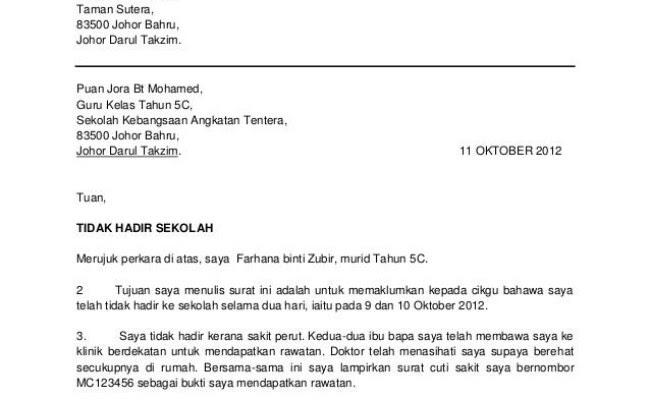 Contoh Surat Rasmi Tidak Hadir Ke Sekolah Kerana Cuti Sakit Otosection