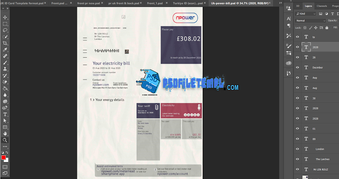 UK Npower Utility Bill Edited psd file template