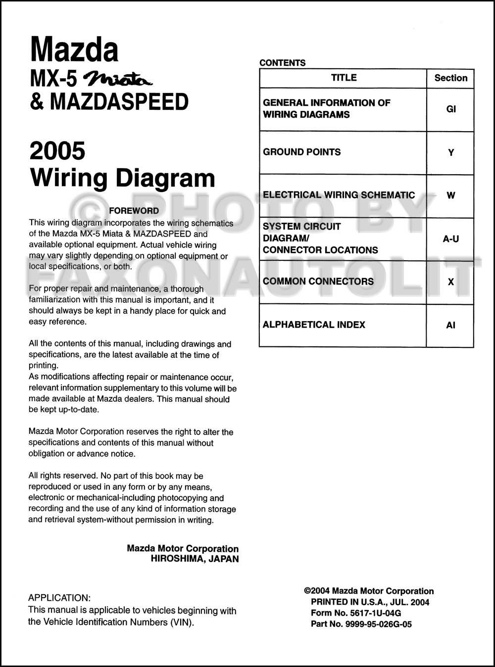2005 Mazda MX-5 Miata Mazdaspeed Wiring Diagram Manual ...