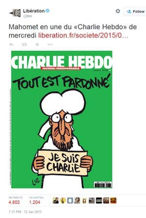 A capa da próxima edição do 'Charlie Hebdo' terá charge do profeta Maomé segurando placa com os dizeres 'Eu sou Charlie' (Foto: Reprodução/ Twitter/ Libertation)