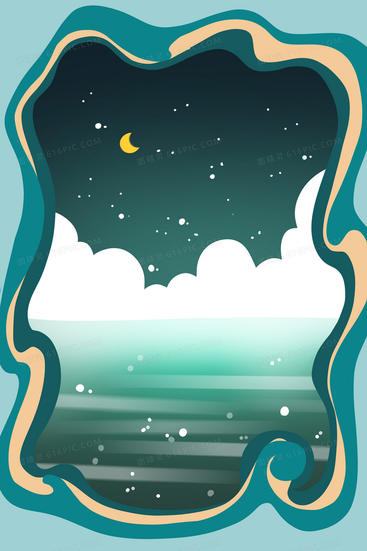 蓝色夏日夜晚大海月亮剪纸风手绘插画背景素材背景图片下载 3543x5315像素jpg格式 编号138fl3kyv 图精灵