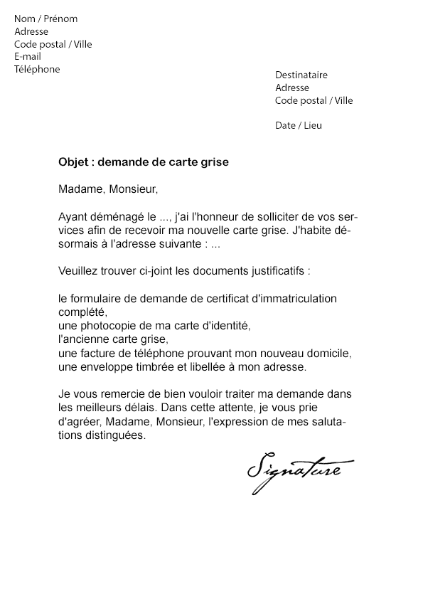 Lettre de demande de Carte grise - Modèle de Lettre