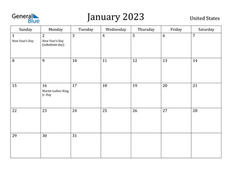  united states january 2023 calendar with holidays