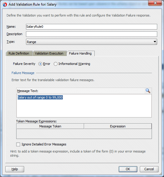 Add Validation Rule dialog as before but displaying Failure Handling tab with error message defined.