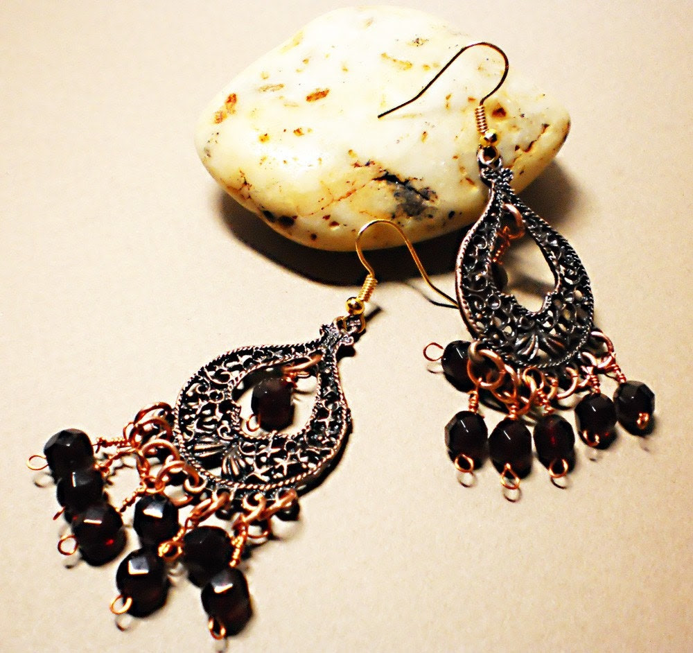 Copper Chandelier Earrings . Ruby Czech Glass . Handmade Jewelry
