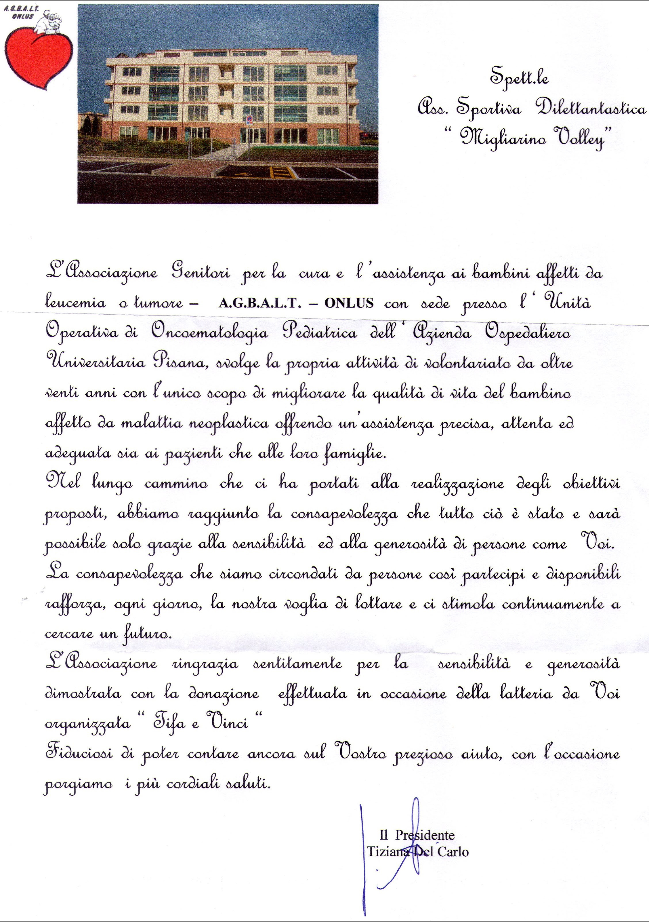 Ricevuta una lettera di ringraziamento dall'Agbalt ..:: La ...