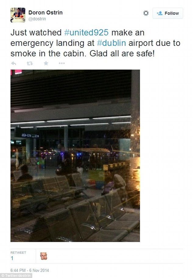 Flight UA925 was met by firefighters and paramedics when it landed at Dublin Airport