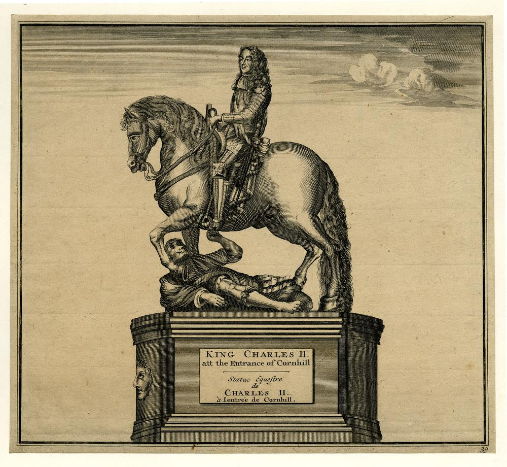 Equestrian statue of Charles II wearing armour and sash, with man under foot. Engraving