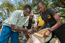 IRC staff distribute rice to a displaced man in Kaga Bandoro, Central African Republic